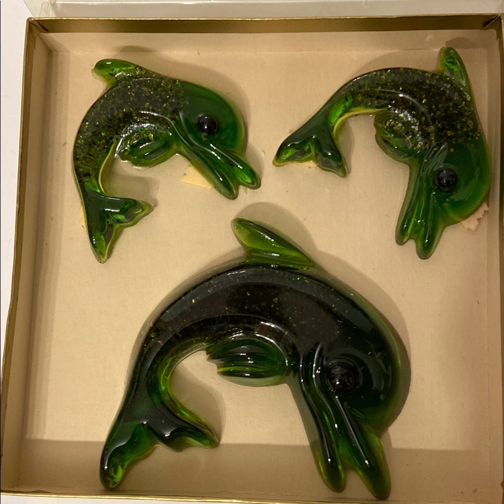 RARE Vintage Green Lucite Acrylic Dolphin Wall Hangings Set of 3 MCM 60's